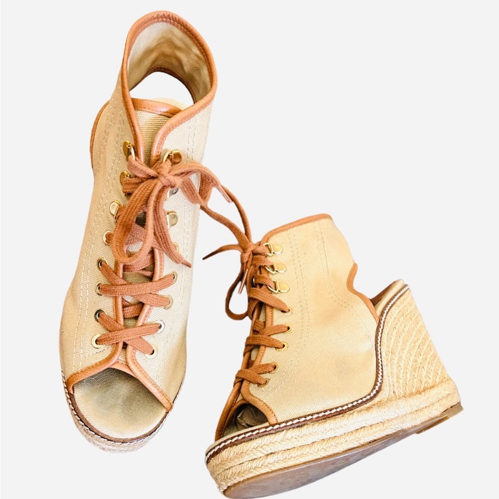 Tory Burch Wedge Heel Espadrille Tan Canvas  Brown Leather Trim Lace Up Size 8.5